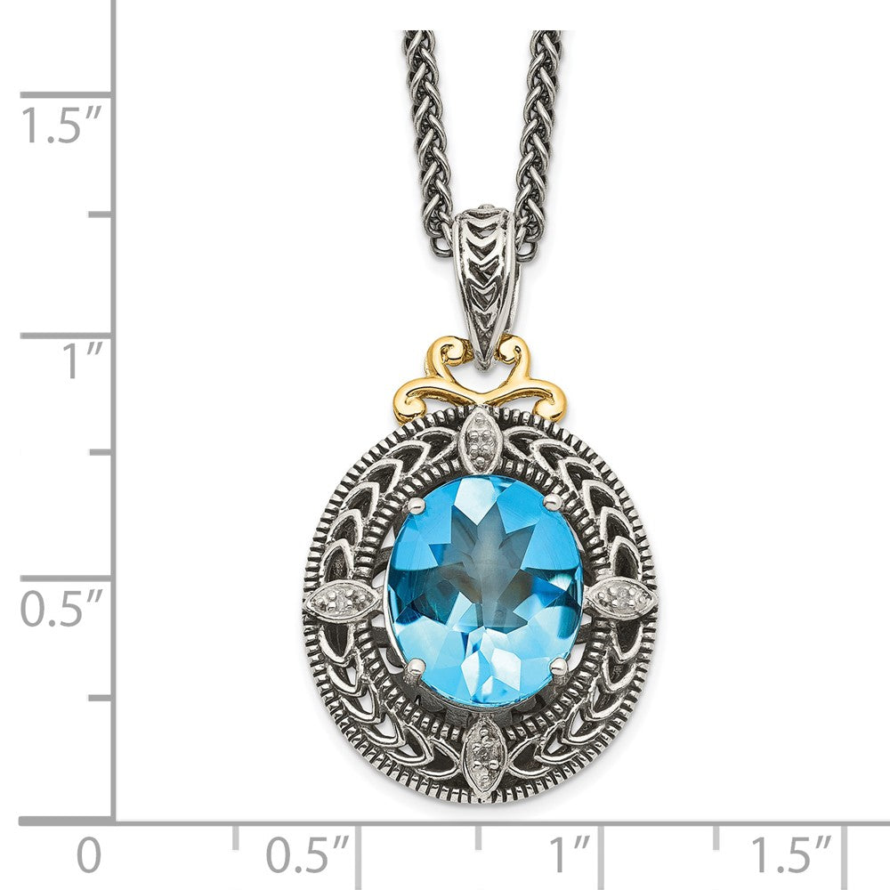 Sterling Silver Antiqued w/14k Diamond & Blue Topaz Necklace