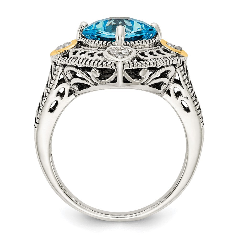 Sterling Silver Antiqued w/14k Diamond & Blue Topaz Ring