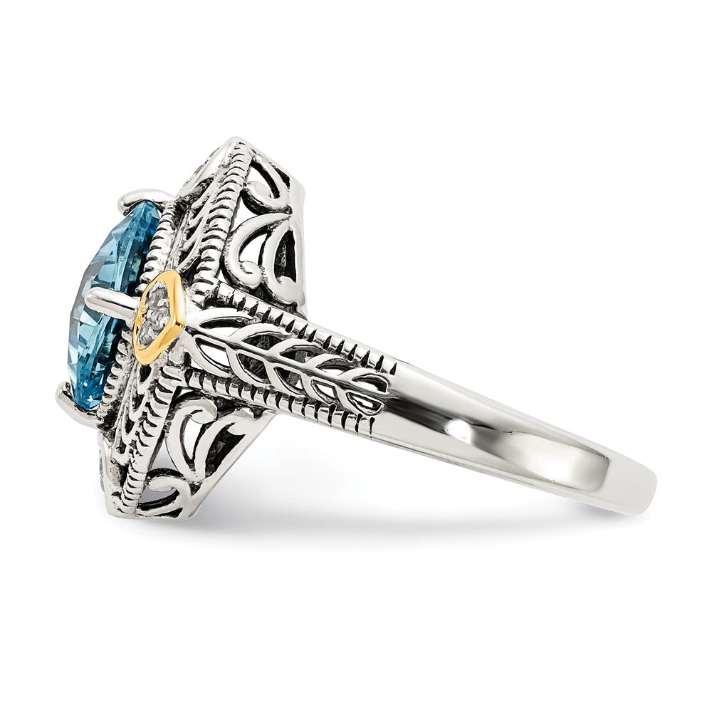 Sterling Silver Antiqued w/14k Diamond & Blue Topaz Ring