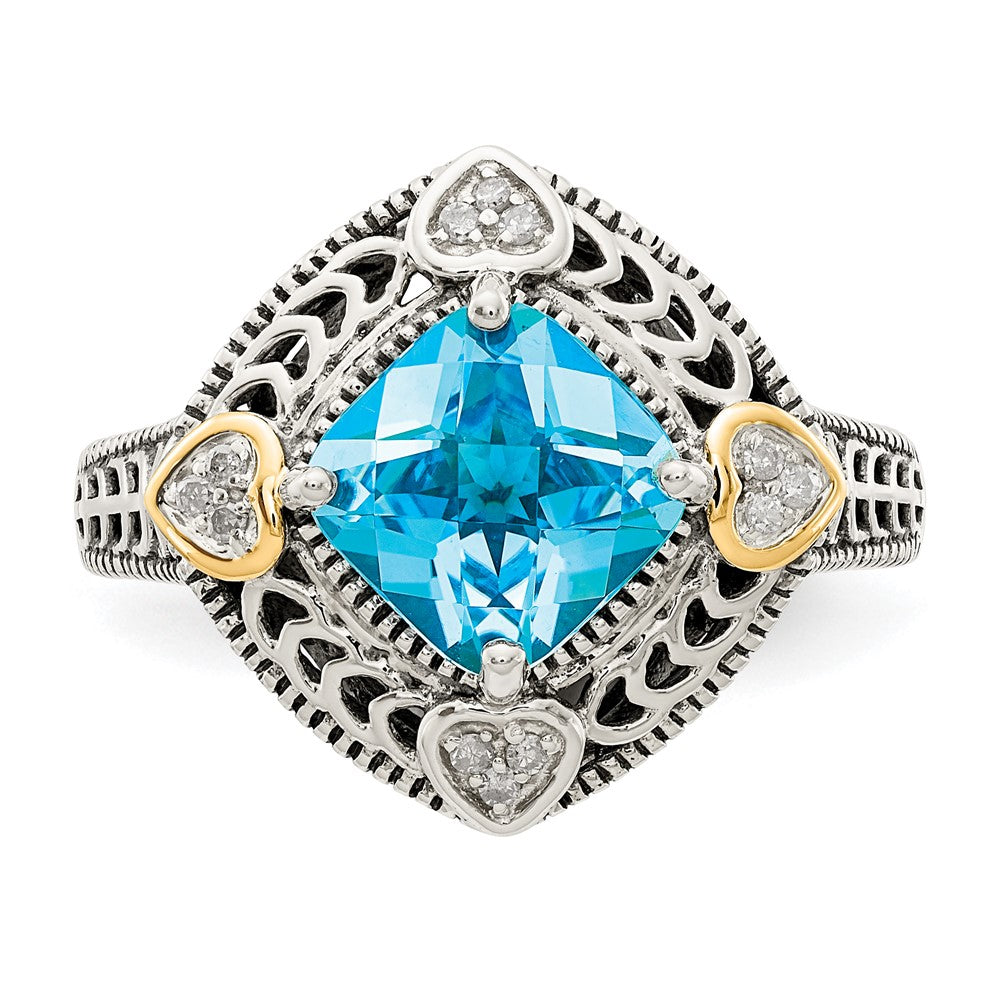 Sterling Silver Antiqued w/14k Diamond & Blue Topaz Ring