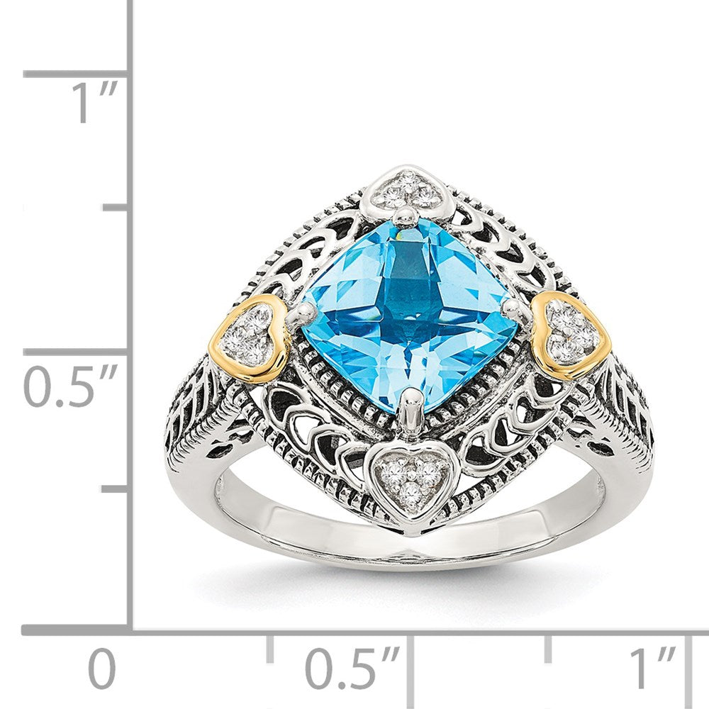 Sterling Silver Antiqued w/14k Diamond & Blue Topaz Ring