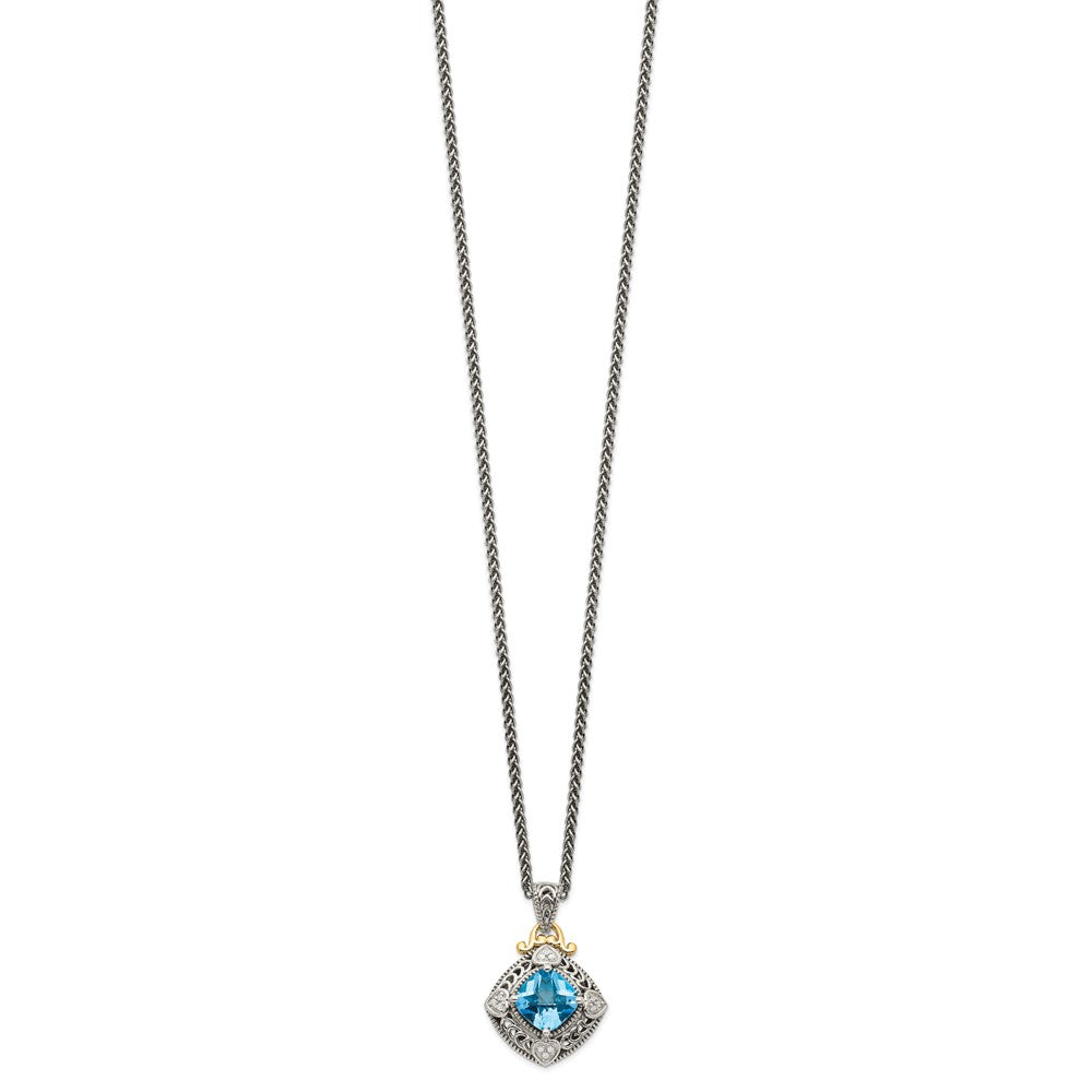 Sterling Silver Antiqued w/14k Diamond & Blue Topaz Necklace