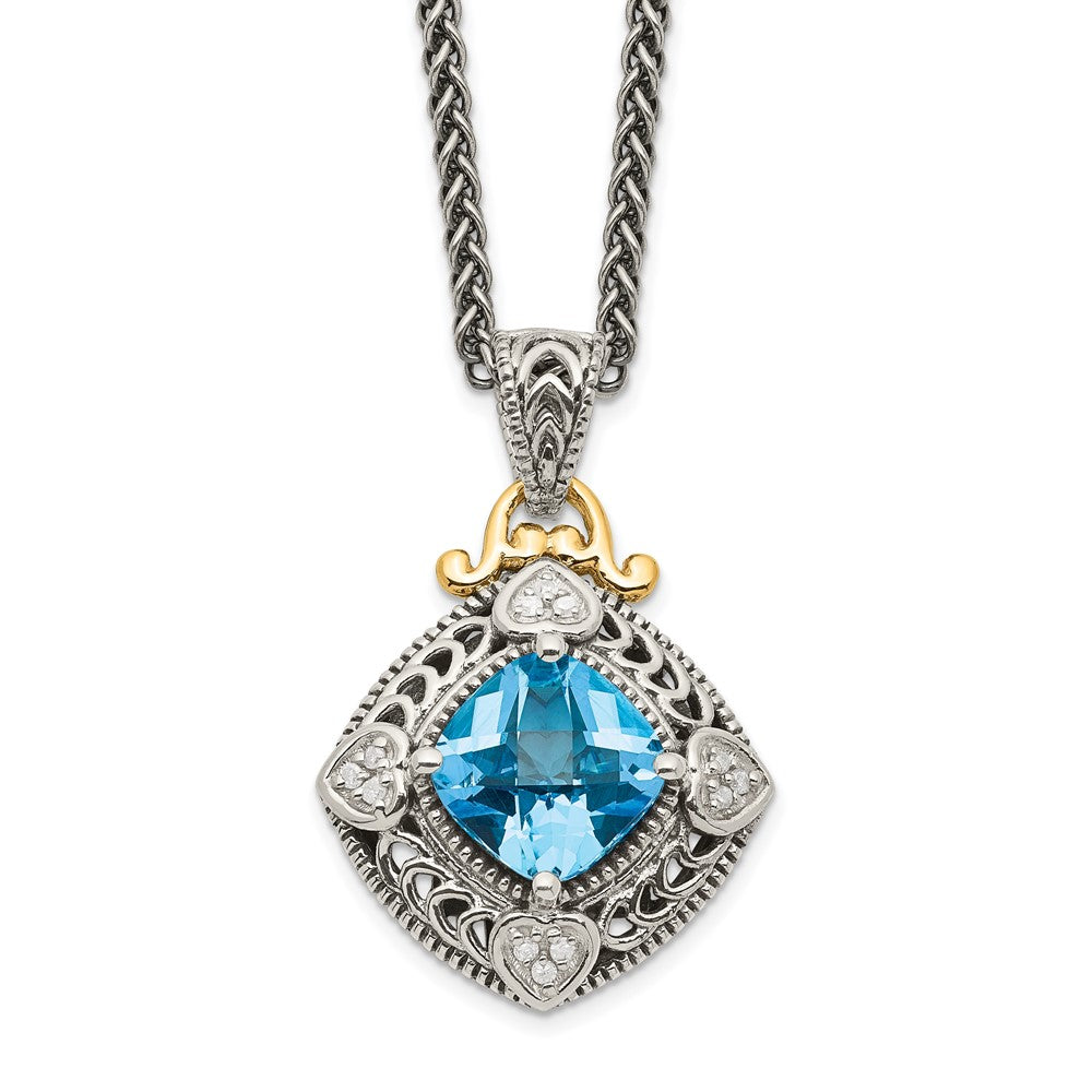 Sterling Silver Antiqued w/14k Diamond & Blue Topaz Necklace