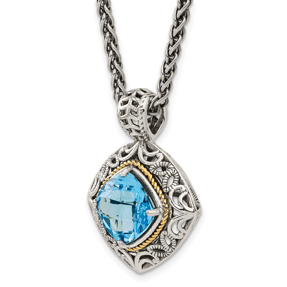 Sterling Silver Antiqued w/14k Blue Topaz Necklace