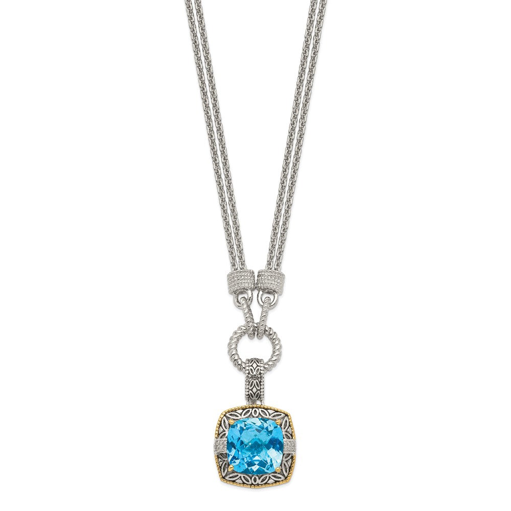 Sterling Silver Antiqued w/14k w/1in ext Sky Bl. Topaz/Diamond Necklace