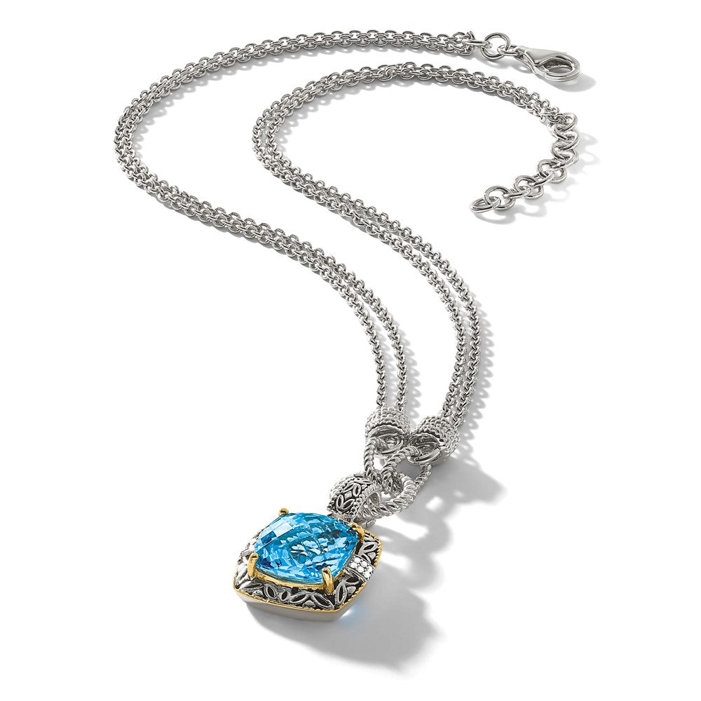 Sterling Silver Antiqued w/14k w/1in ext Sky Bl. Topaz/Diamond Necklace