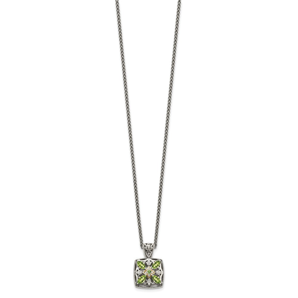 Sterling Silver Antiqued w/14k Diamond & Peridot Necklace