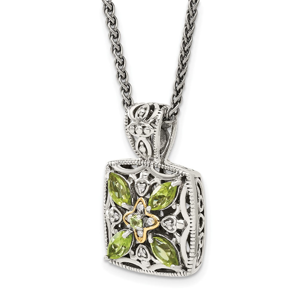 Sterling Silver Antiqued w/14k Diamond & Peridot Necklace