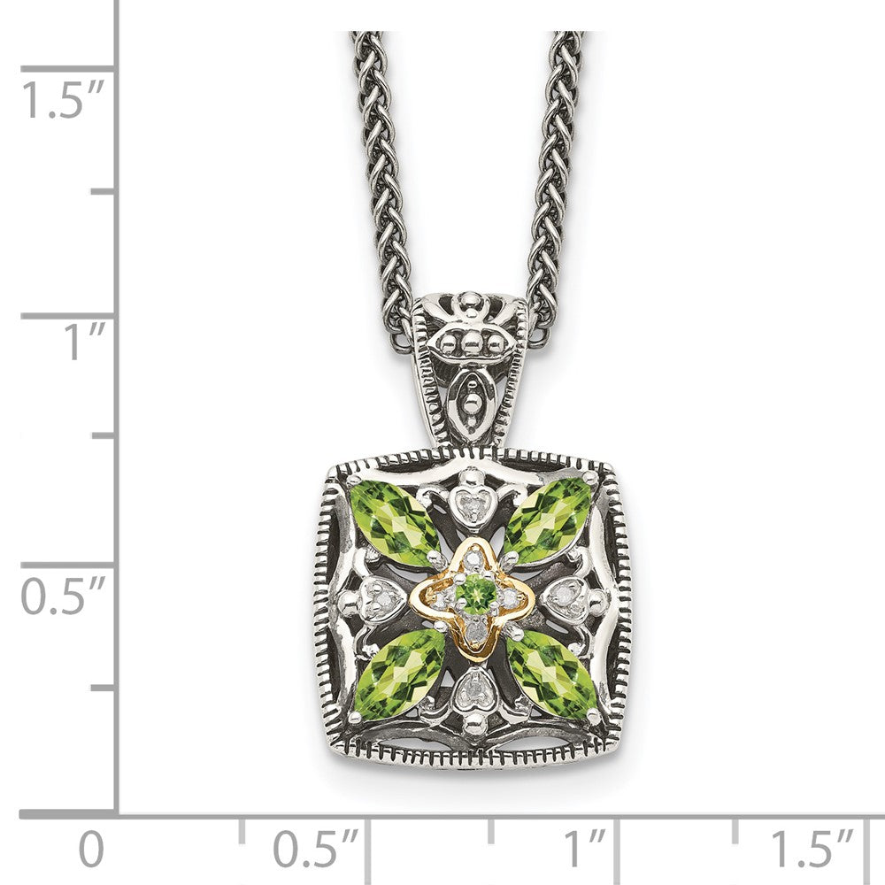 Sterling Silver Antiqued w/14k Diamond & Peridot Necklace