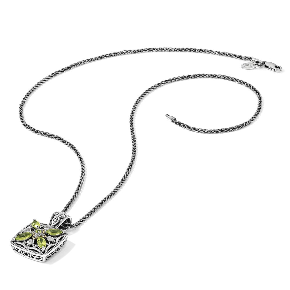 Sterling Silver Antiqued w/14k Diamond & Peridot Necklace