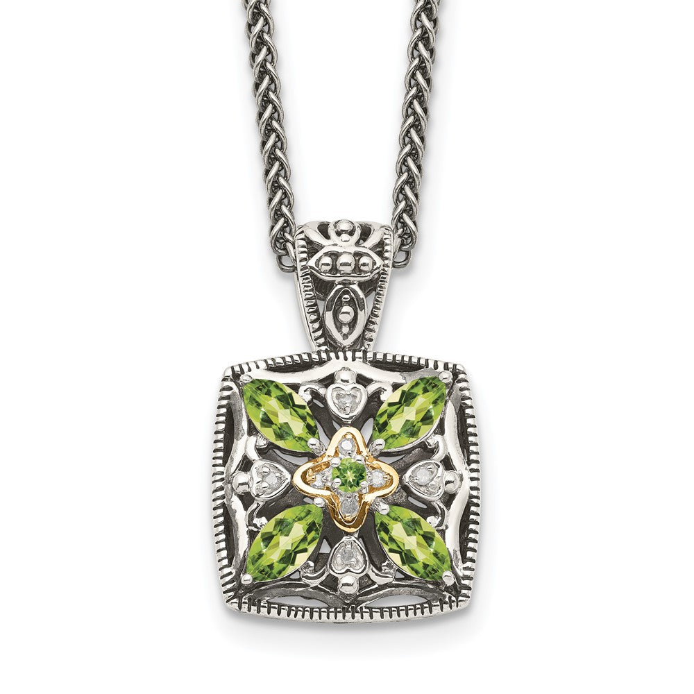Sterling Silver Antiqued w/14k Diamond & Peridot Necklace