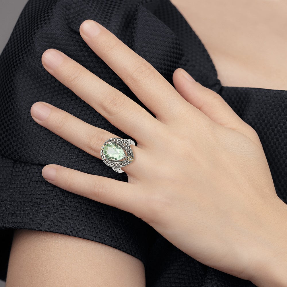 Sterling Silver Antiqued w/14k Diamond & Green Quartz Ring