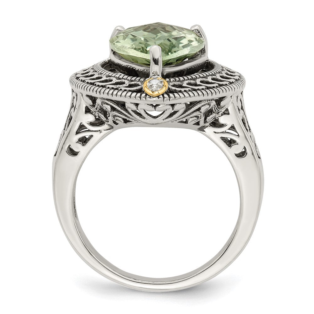 Sterling Silver Antiqued w/14k Diamond & Green Quartz Ring