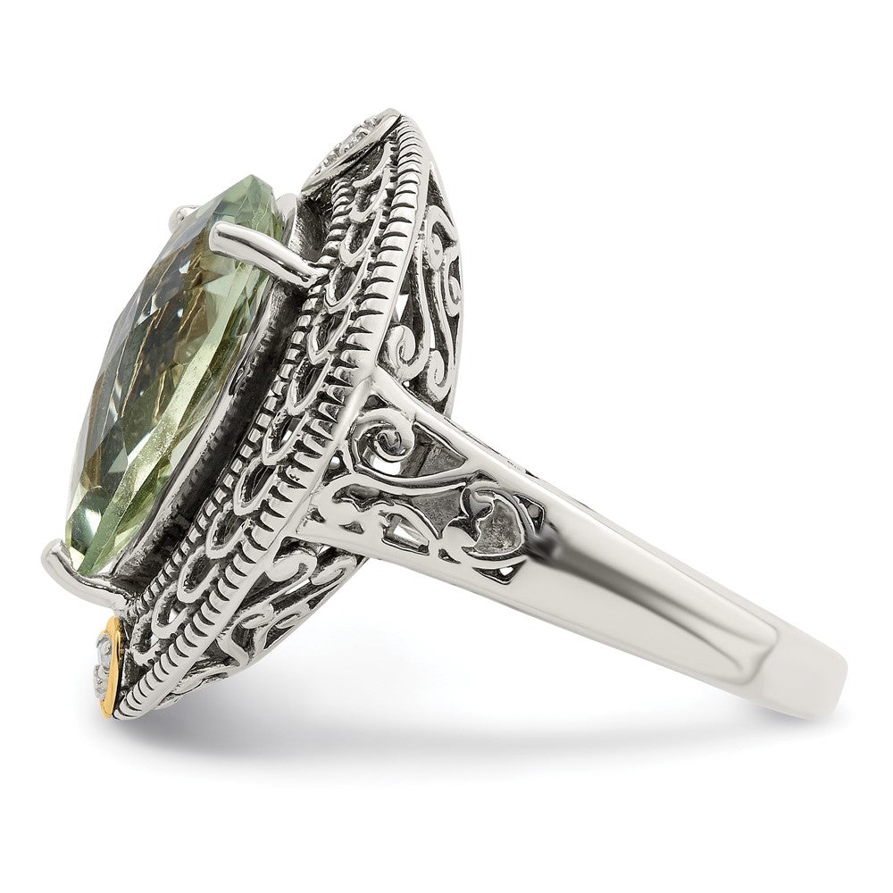 Sterling Silver Antiqued w/14k Diamond & Green Quartz Ring