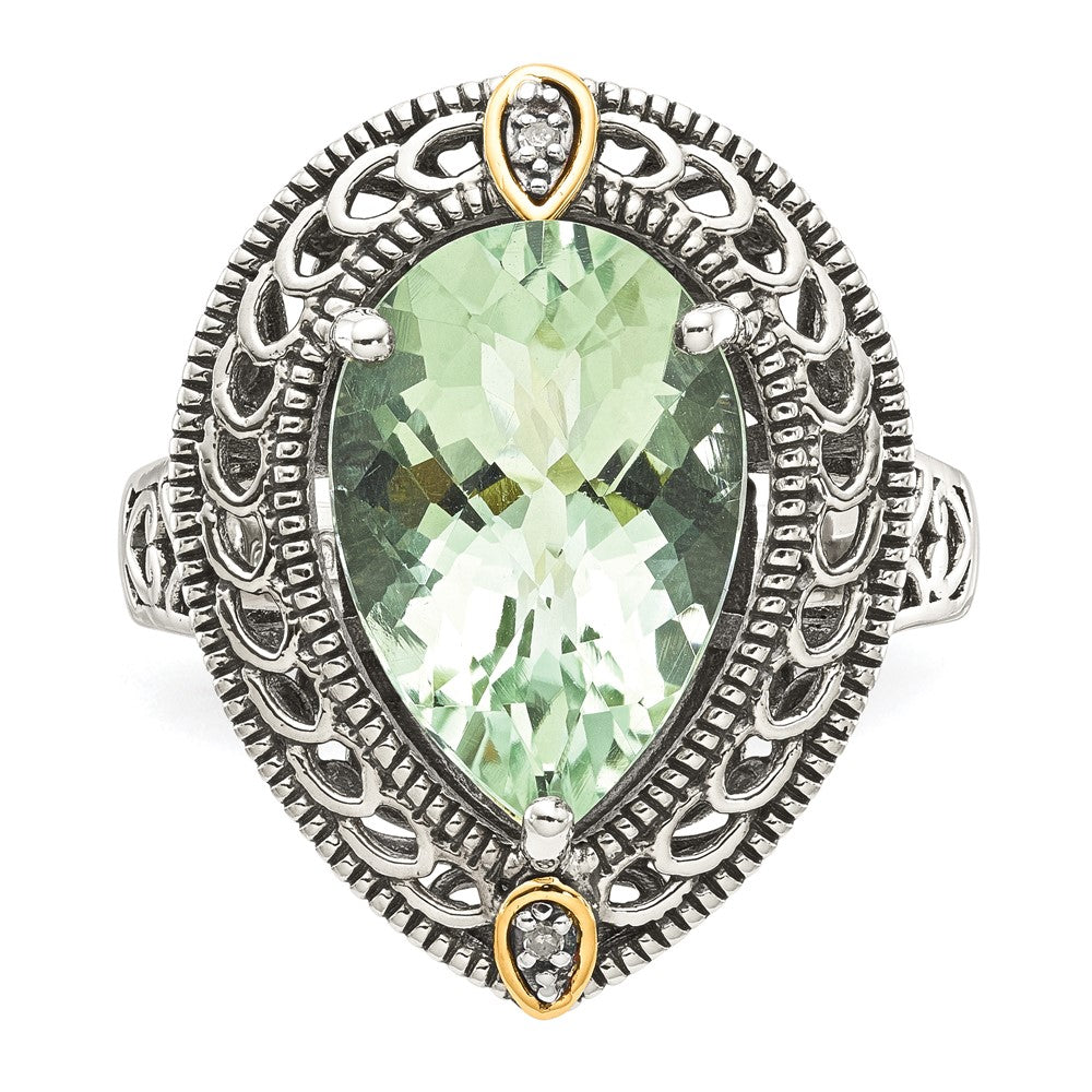 Sterling Silver Antiqued w/14k Diamond & Green Quartz Ring