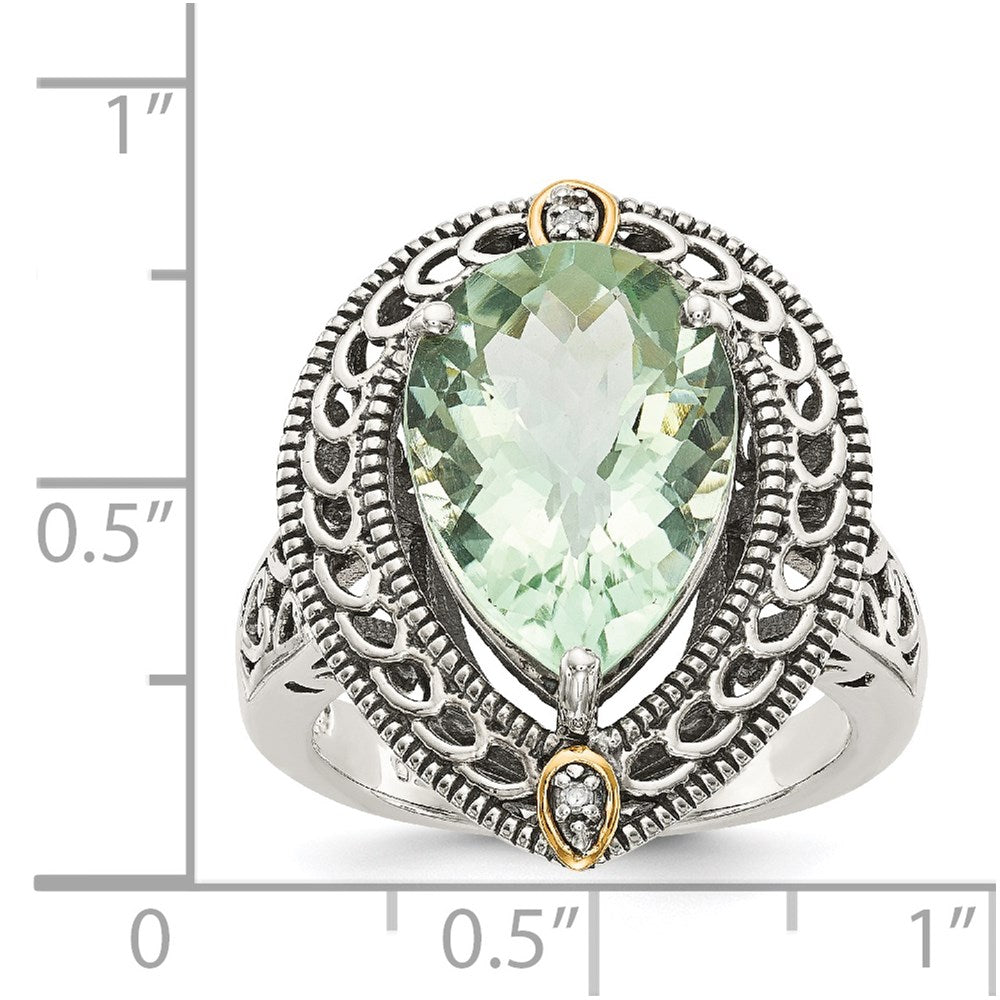 Sterling Silver Antiqued w/14k Diamond & Green Quartz Ring