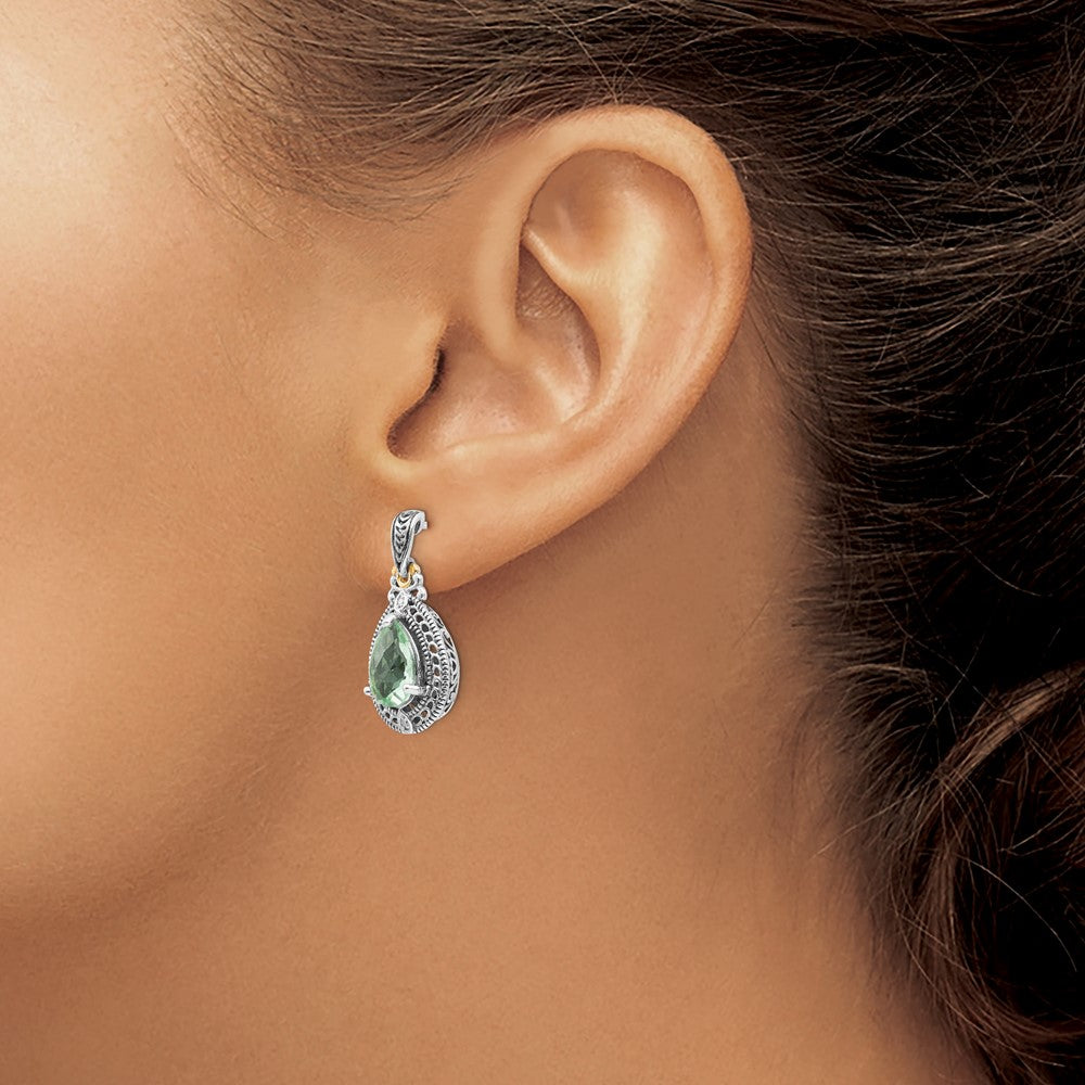Sterling Silver Antiqued w/14k Diamond & Green Quartz Earrings