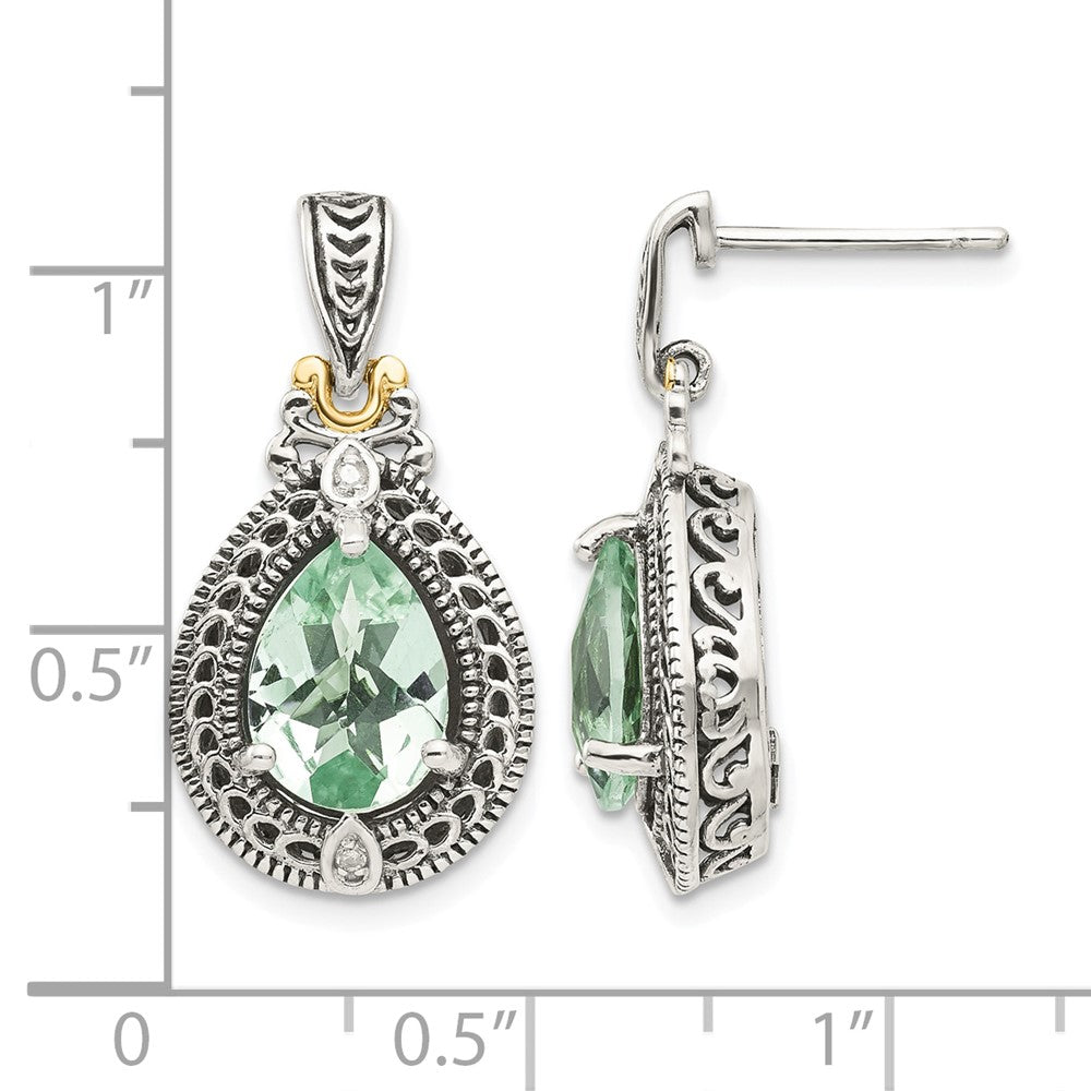 Sterling Silver Antiqued w/14k Diamond & Green Quartz Earrings