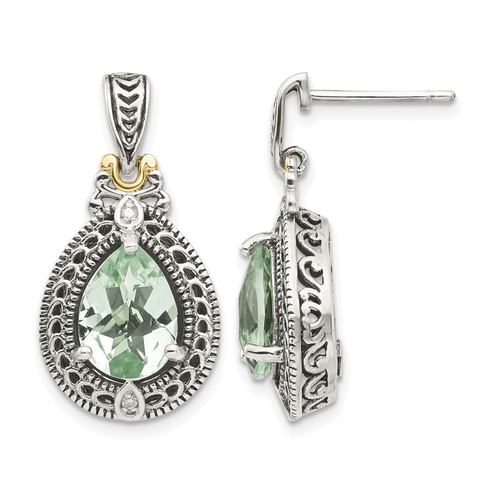 Sterling Silver Antiqued w/14k Diamond & Green Quartz Earrings