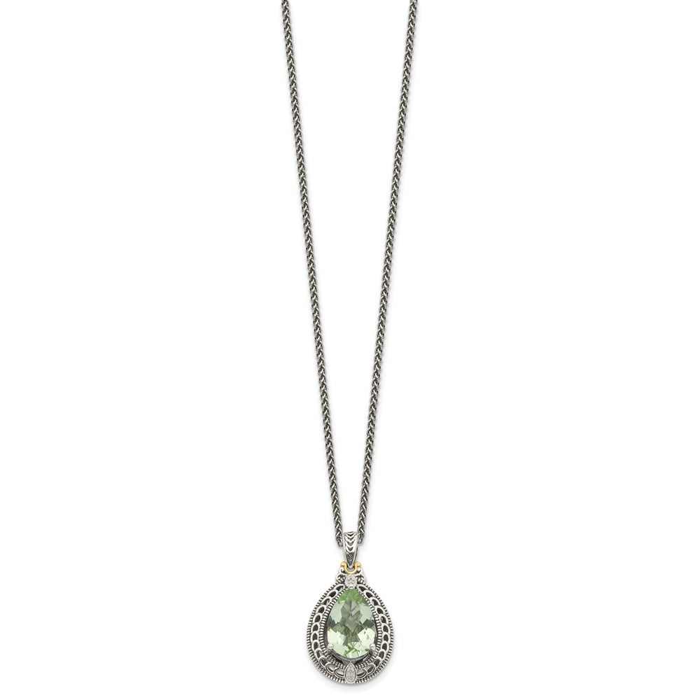 Sterling Silver Antiqued w/14k Diamond & Green Quartz Necklace