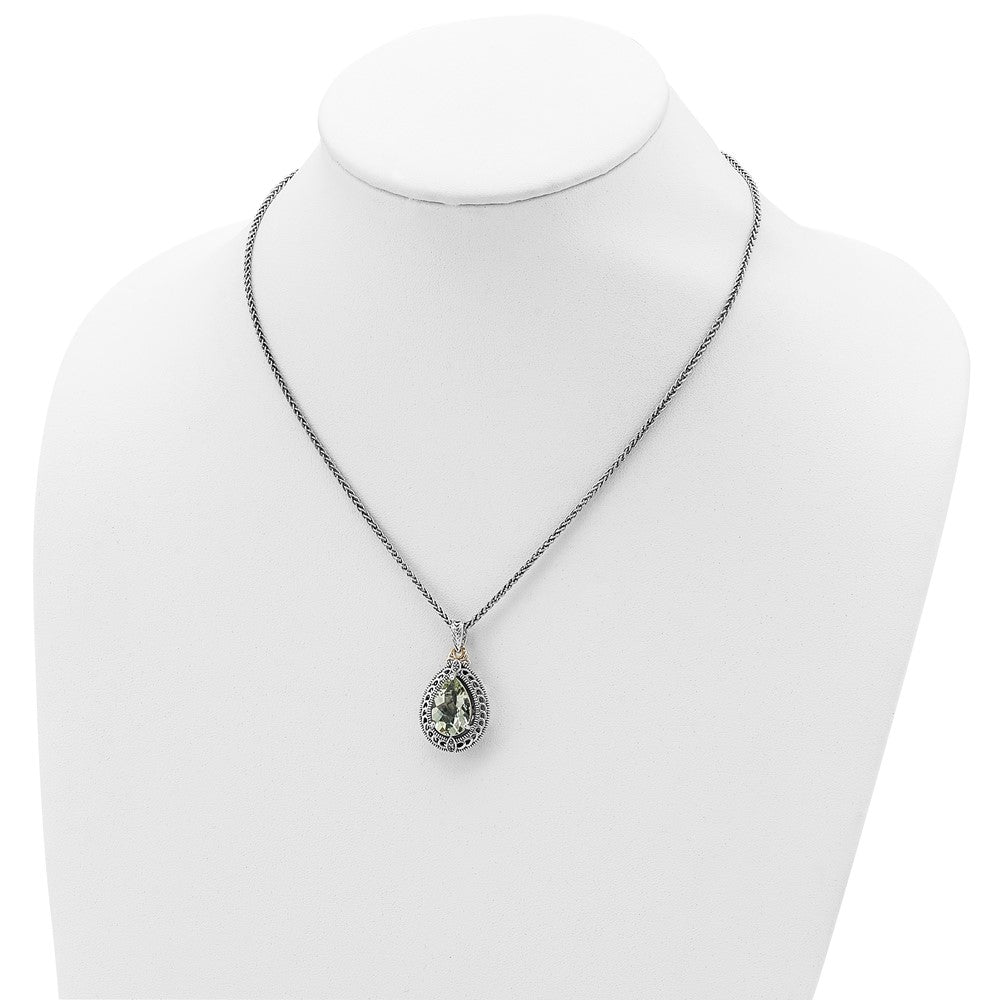Sterling Silver Antiqued w/14k Diamond & Green Quartz Necklace