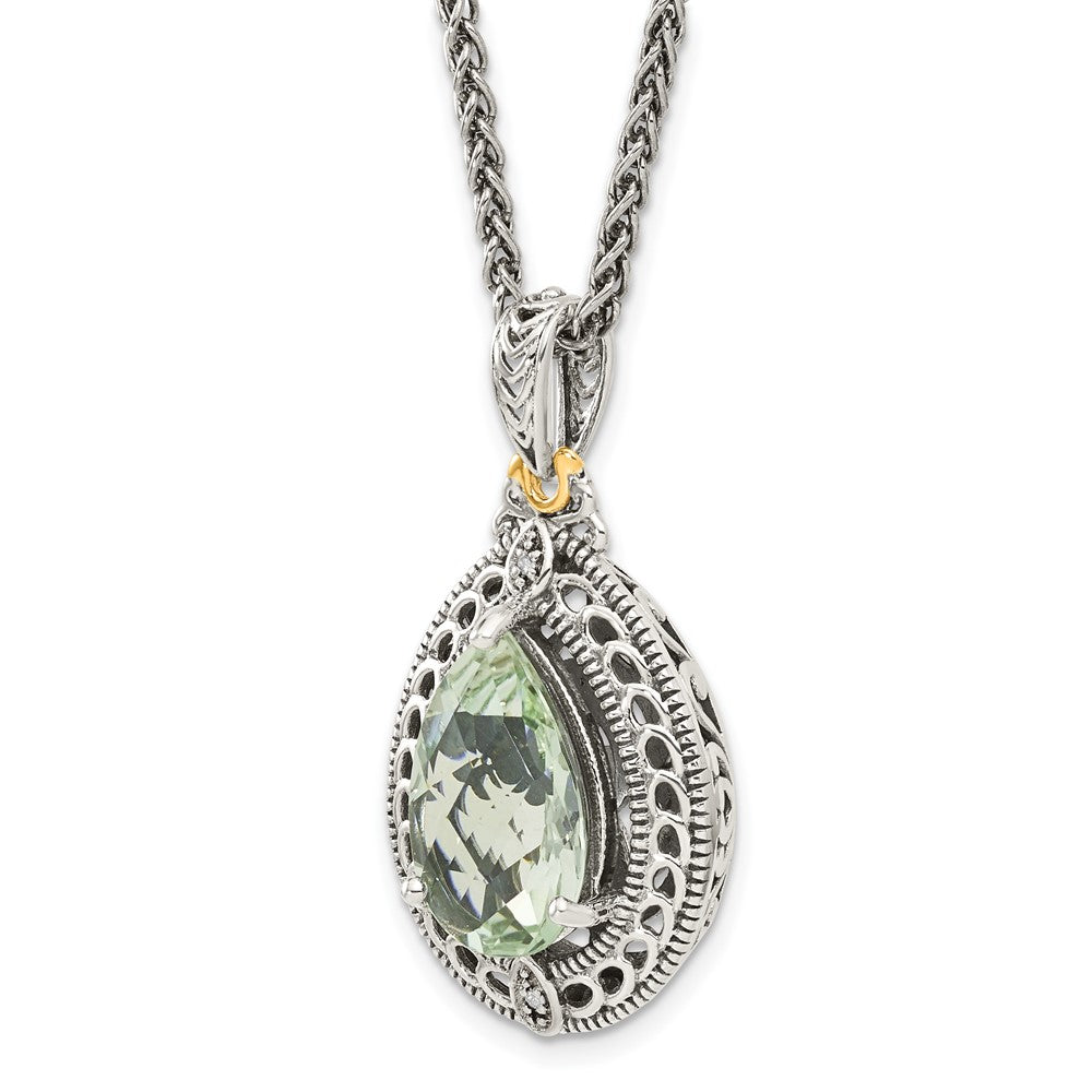 Sterling Silver Antiqued w/14k Diamond & Green Quartz Necklace