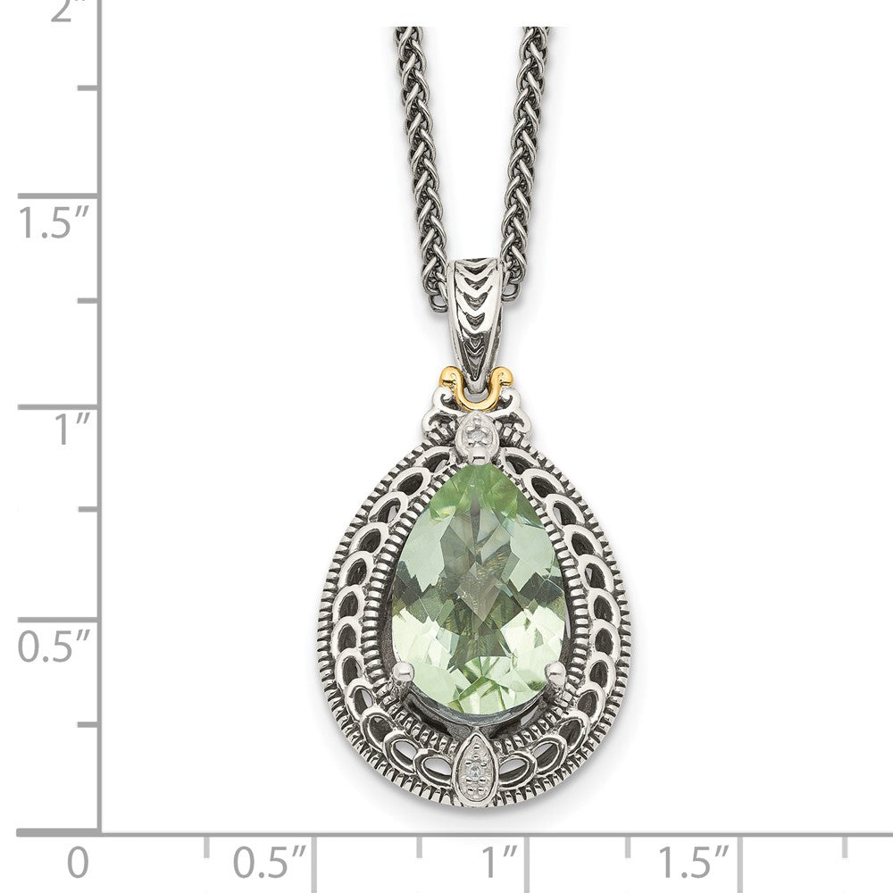 Sterling Silver Antiqued w/14k Diamond & Green Quartz Necklace