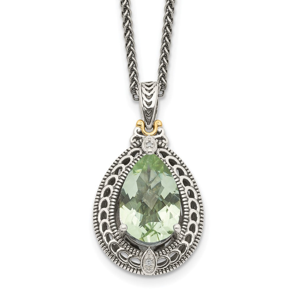 Sterling Silver Antiqued w/14k Diamond & Green Quartz Necklace