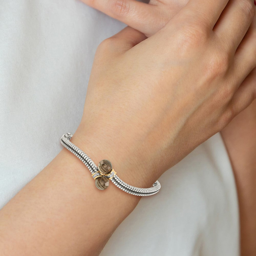 Sterling Silver Antiqued w/14k Smoky Quartz & Diamond Bangle Bracelet