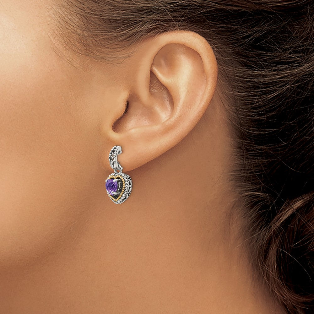 Sterling Silver w/14k Antiqued Amethyst Heart Post Dangle Earrings