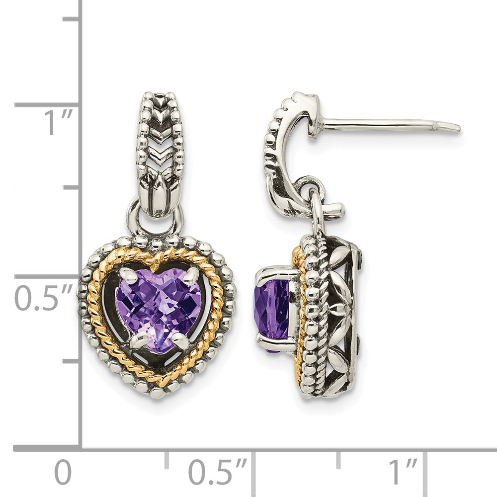 Sterling Silver w/14k Antiqued Amethyst Heart Post Dangle Earrings
