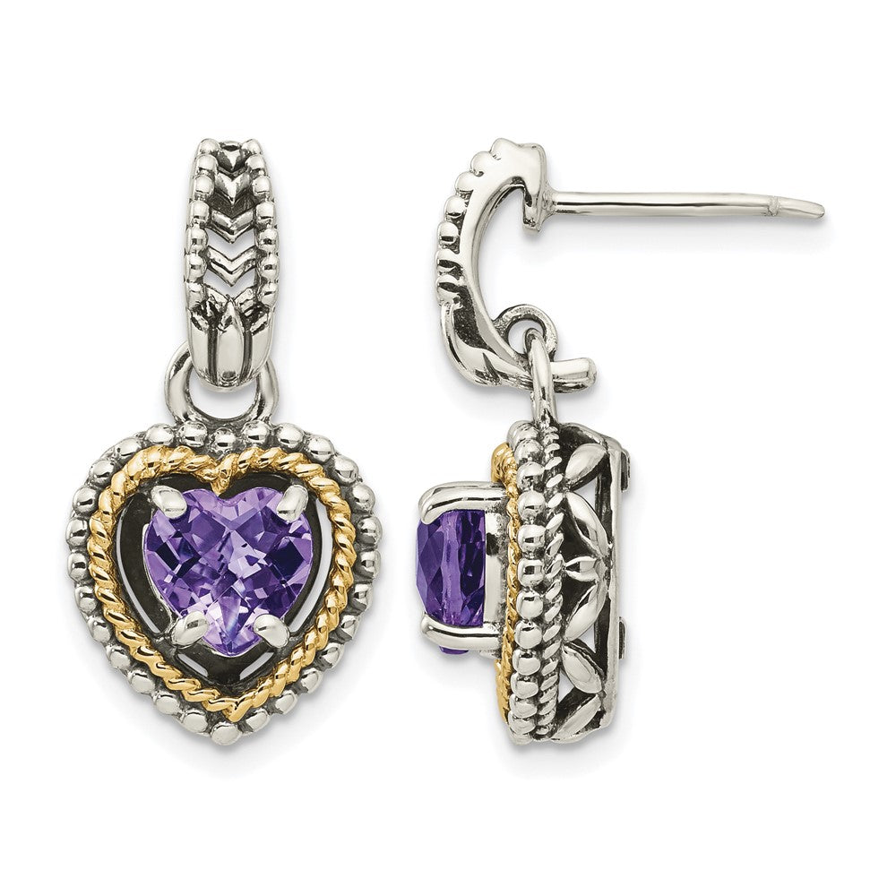 Sterling Silver w/14k Antiqued Amethyst Heart Post Dangle Earrings