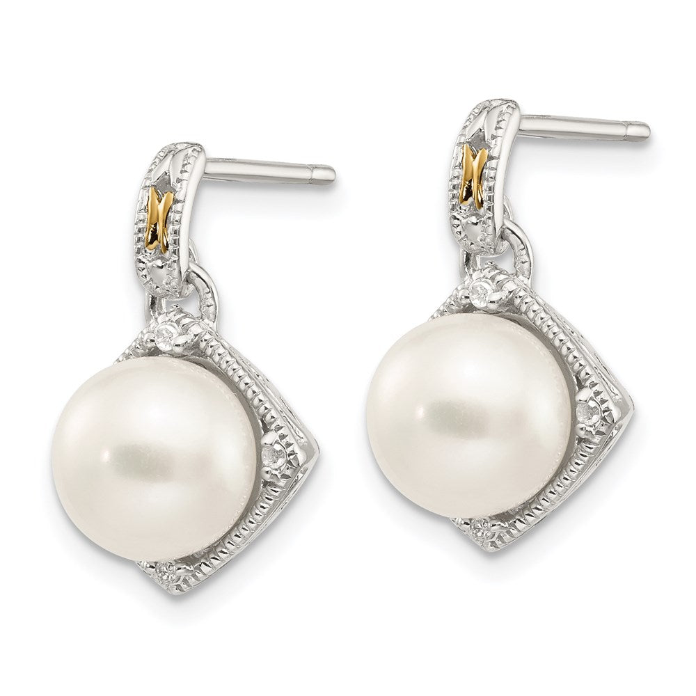 Sterling Silver RH-pltd w/14k FW Cultured Pearl Diamond Post Earrings