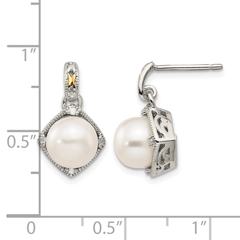 Sterling Silver RH-pltd w/14k FW Cultured Pearl Diamond Post Earrings