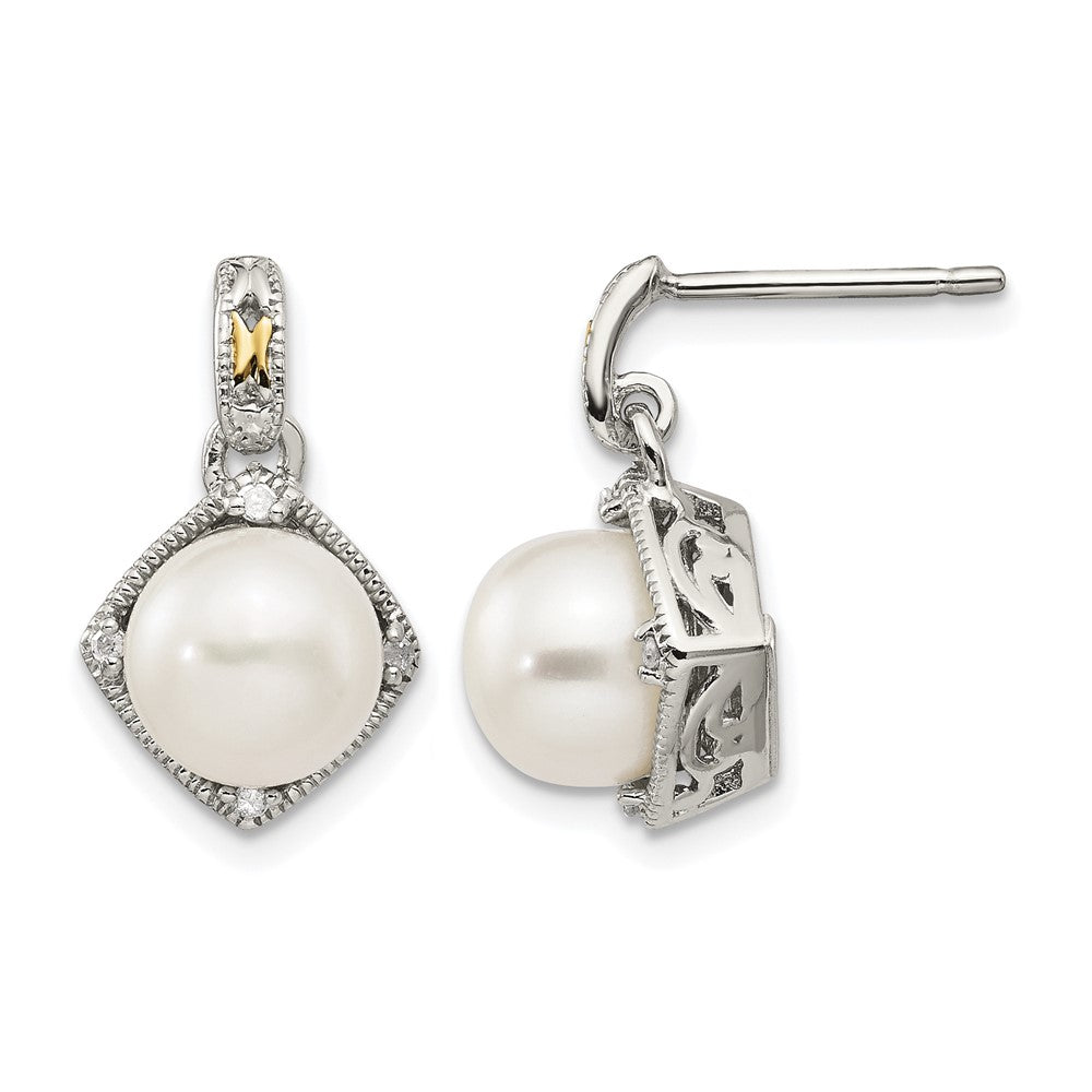 Sterling Silver RH-pltd w/14k FW Cultured Pearl Diamond Post Earrings