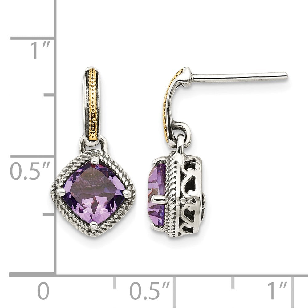 Sterling Silver w/14k Antiqued Amethyst Post Dangle Earrings