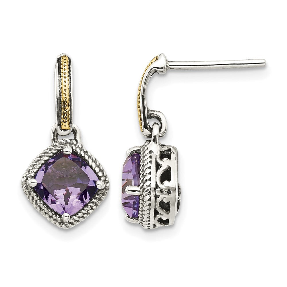 Sterling Silver w/14k Antiqued Amethyst Post Dangle Earrings