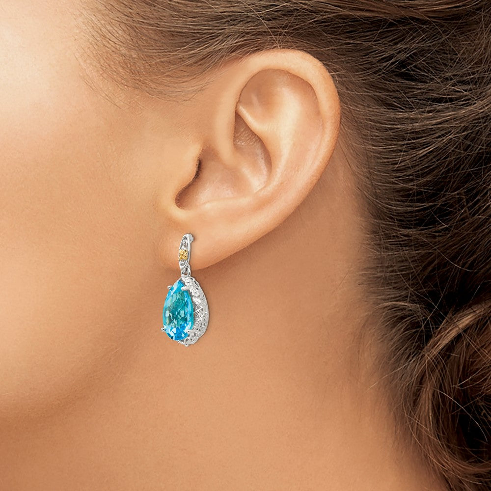 Sterling Silver Rhodium-plated w/14k Blue Topaz Post Dangle Earrings