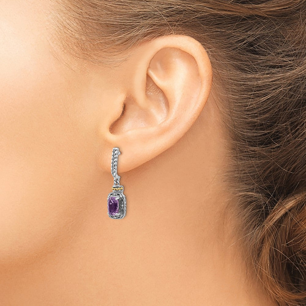 Sterling Silver w/14k Antiqued Amethyst Post Dangle Earrings