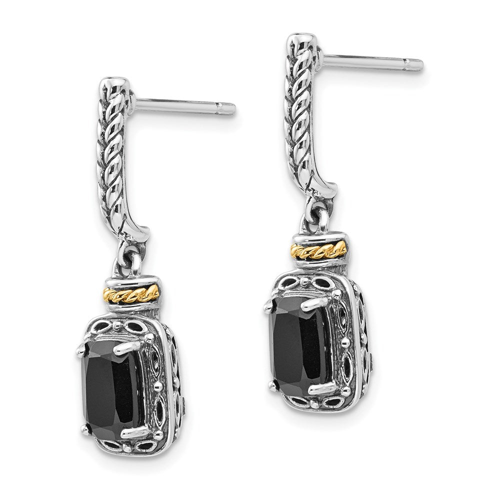 Sterling Silver w/14k Antiqued Onyx Post Dangle Earrings