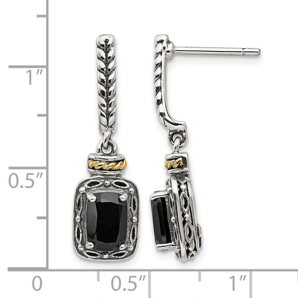 Sterling Silver w/14k Antiqued Onyx Post Dangle Earrings