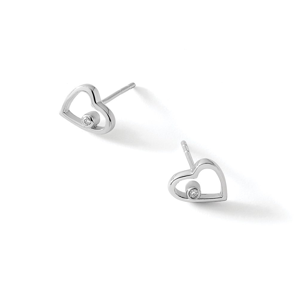 Sterling Silver RH Plated White Ice .02ct Diamond Heart Earrings
