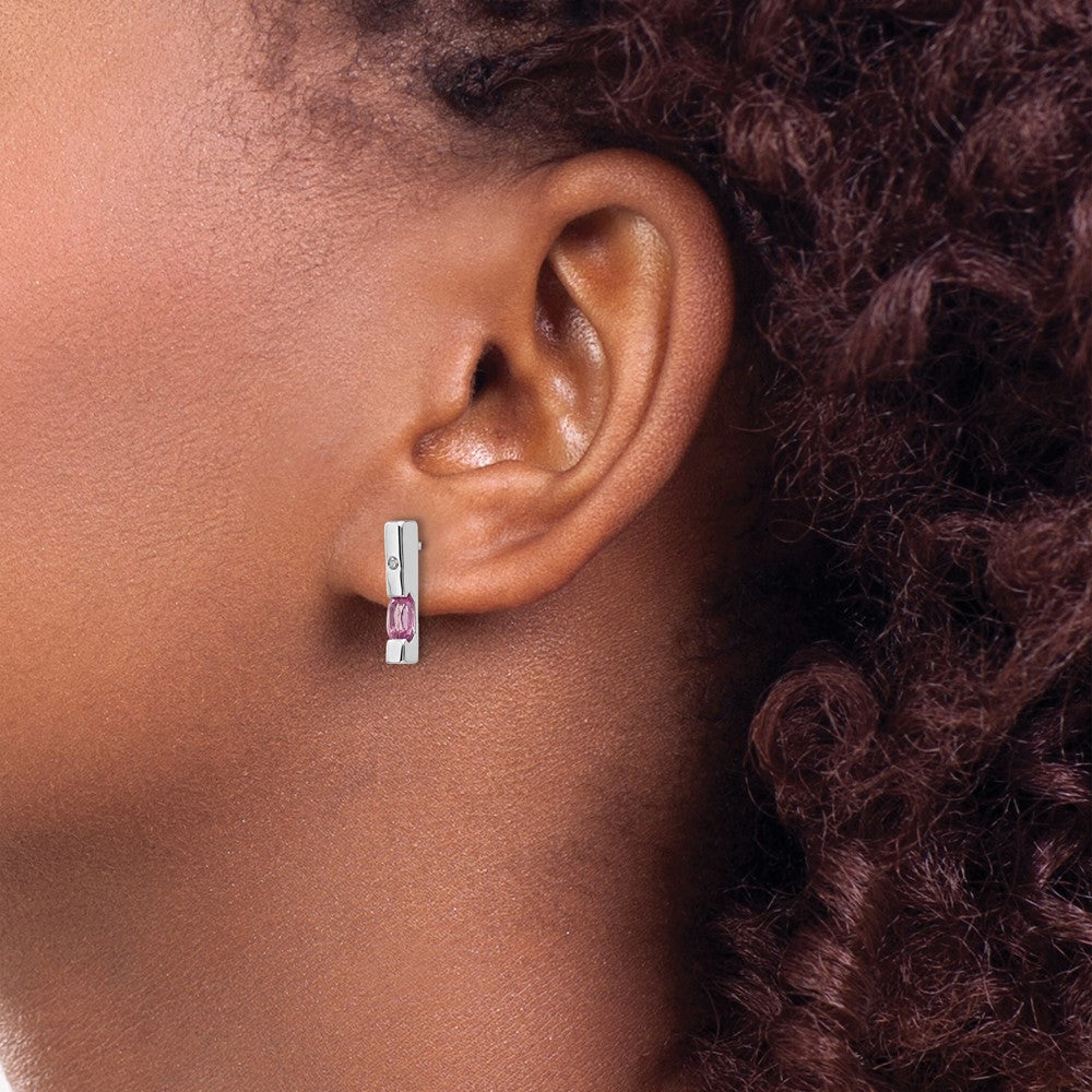Sterling Silver RH Pl. White Ice .02ct. Dia. and Pk Tourmaline Earrings