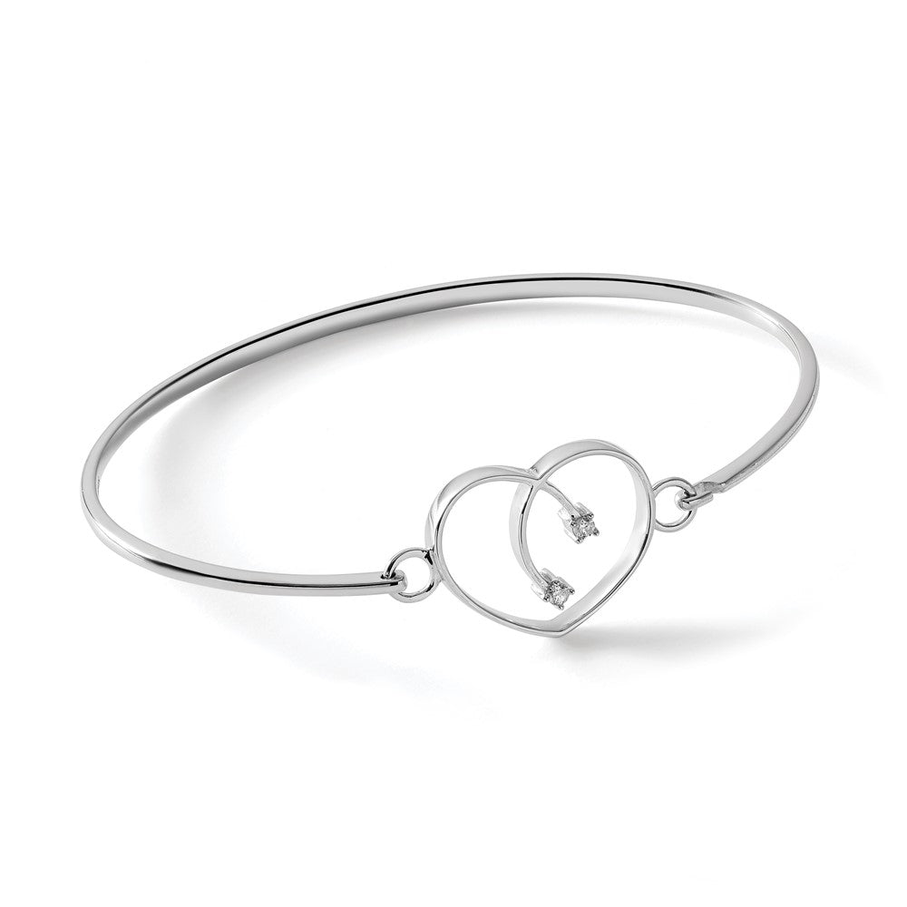 Sterling Silver RH Plated White Ice .06ct. Diamond Heart Bangle Bracelet