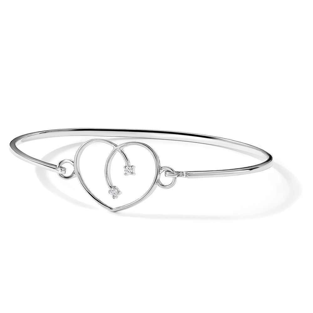 Sterling Silver RH Plated White Ice .06ct. Diamond Heart Bangle Bracelet