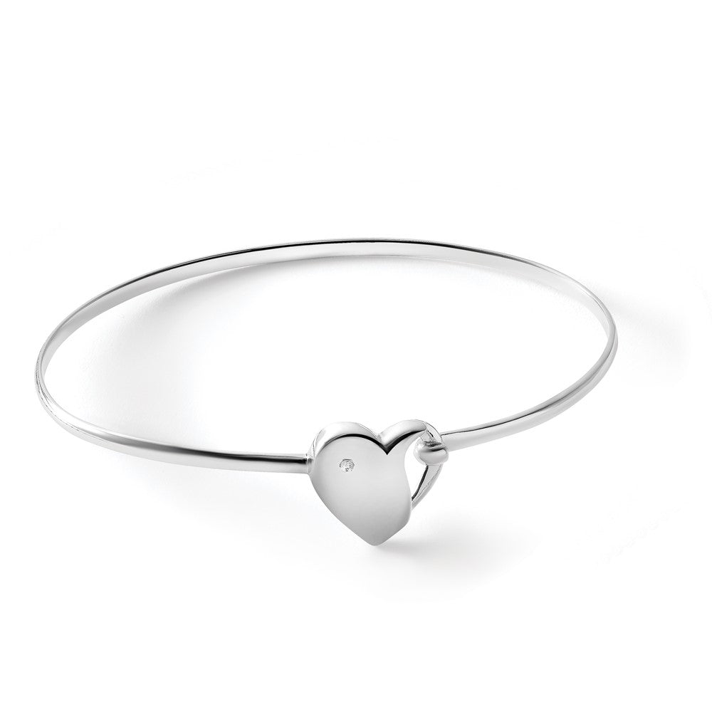 Sterling Silver RH Plated White Ice .01ct. Diamond Heart Bangle Bracelet