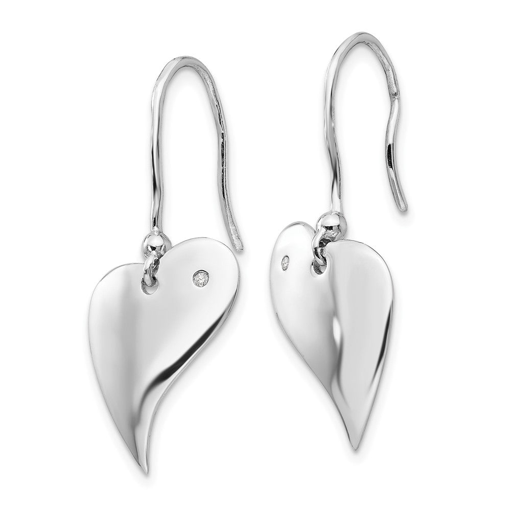 Sterling Silver RH Plated White Ice .01ct. Dia. Heart Dangle Earrings