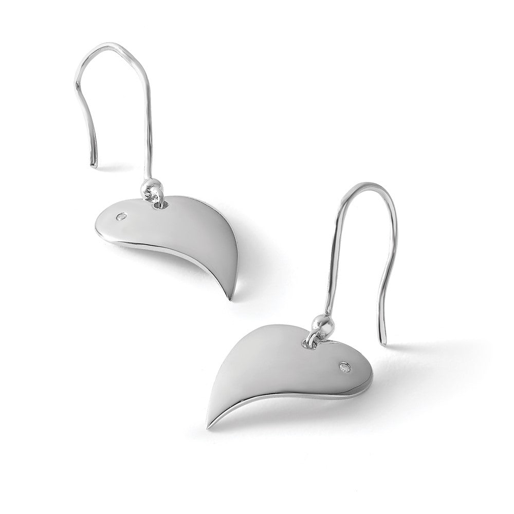 Sterling Silver RH Plated White Ice .01ct. Dia. Heart Dangle Earrings