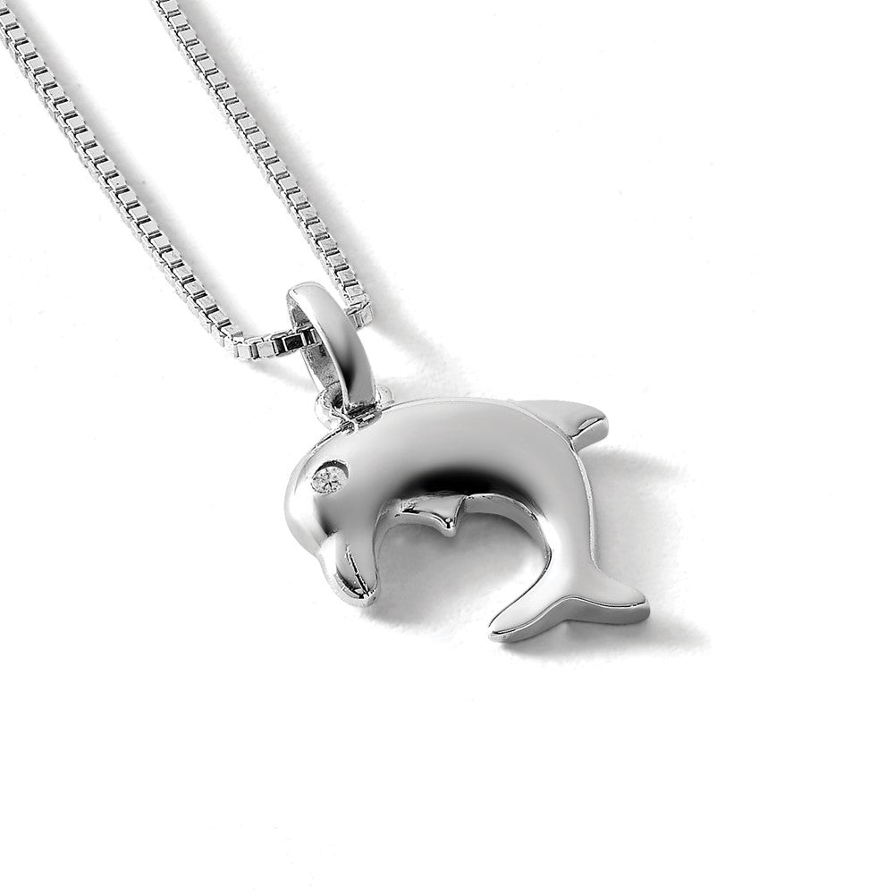 Sterling Silver RH Plated White Ice .02ct. Diamond Dolphin Necklace