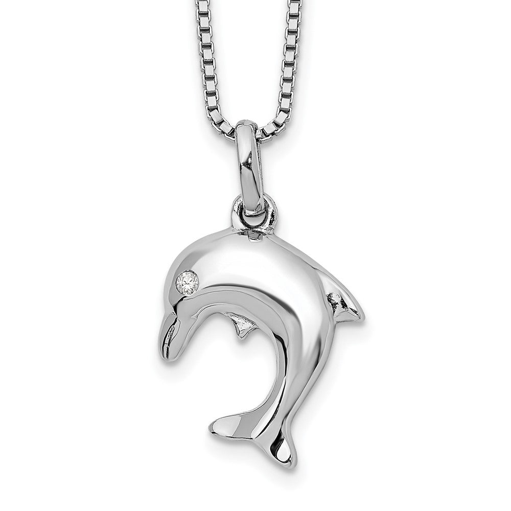 Sterling Silver RH Plated White Ice .02ct. Diamond Dolphin Necklace